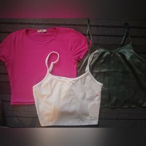 Lot Of 3 NWT Crop Tops Pink Sincerely Jules White Ribbed Silk Flowy Green Size L